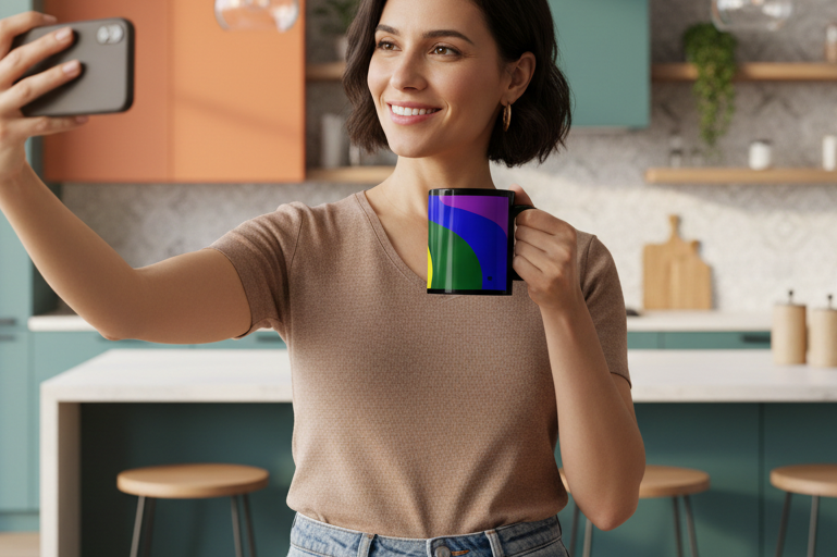 Woman taking a selfie in a kitchen holding a colorful Freebrd rainbow wave mug