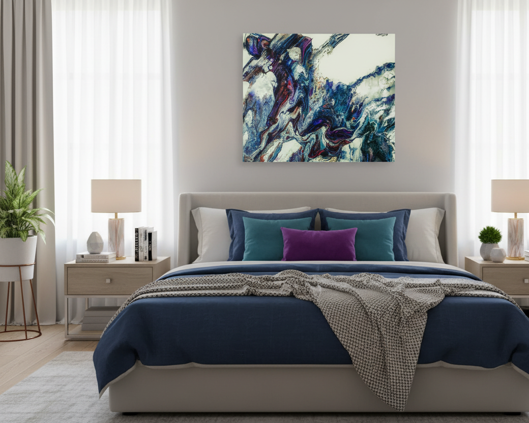 Modern bedroom with a bed, nightstands, and Freebrd’s “Afrostar” abstract painting on the wall.
