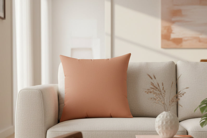 Warm Vintage Salmon terracotta-toned accent pillow in premium vegan suede, designed for a warm minimalist interior or sun-soaked clay palette.