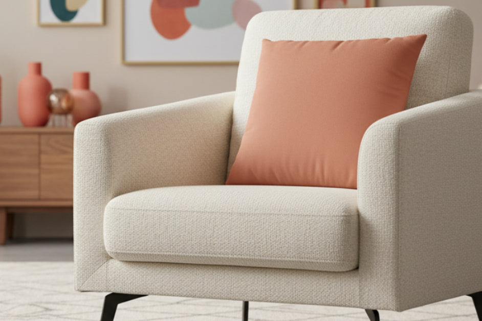 Beige armchair with a Vintage Salmon Luxury Faux Suede Pillow in a living room setting