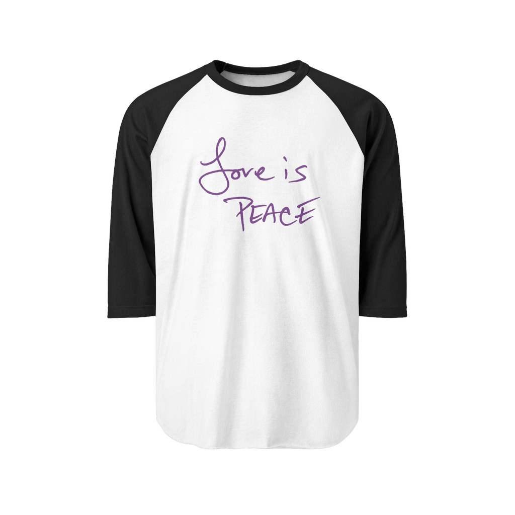 White/Black Unisex three-quarter Sleeve Baseball Raglan Tee with black sleeves on white Shirt and "Love is Peace" in purple text 
