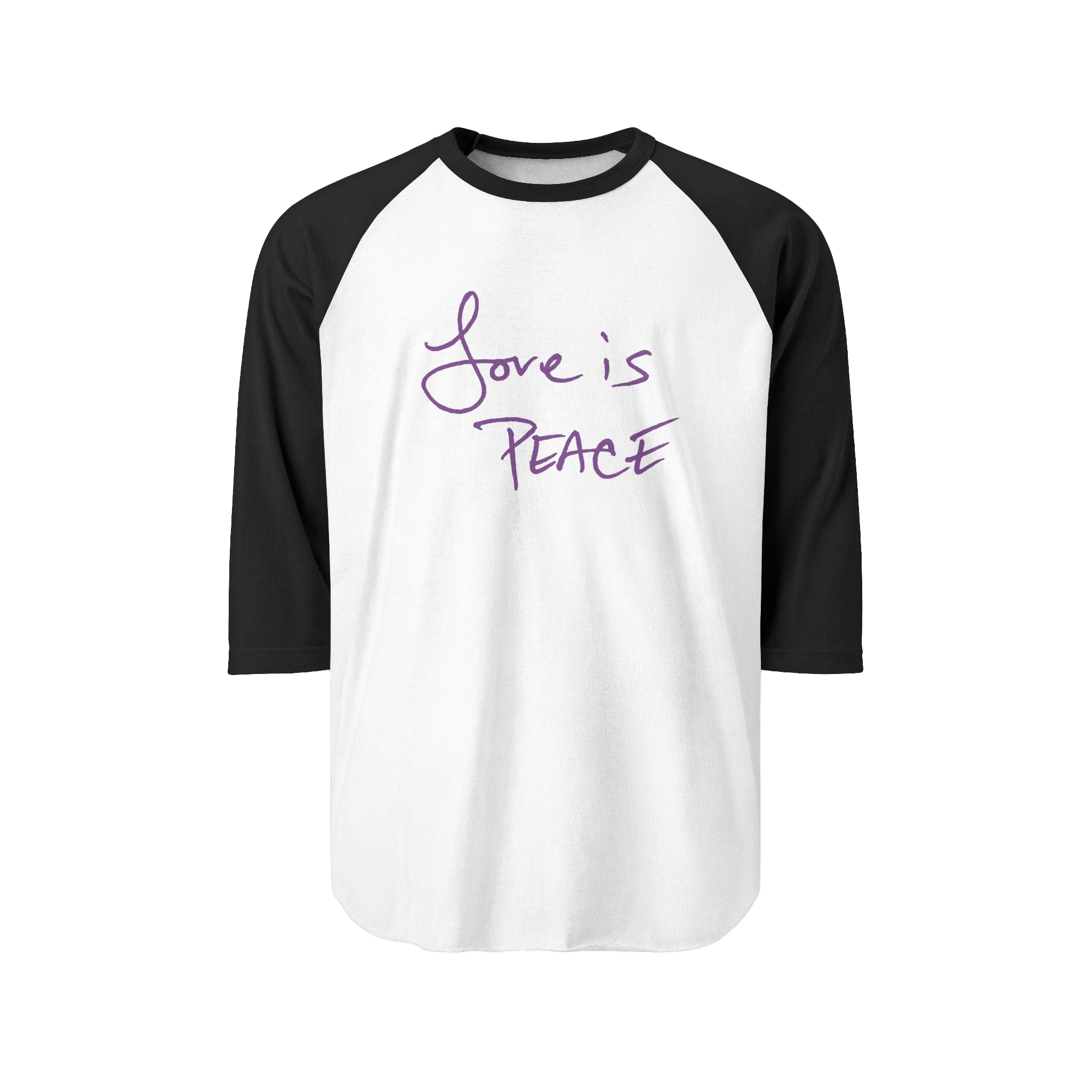 White/Black Unisex three-quarter Sleeve Baseball Raglan Tee with black sleeves on white Shirt and "Love is Peace" in purple text 
