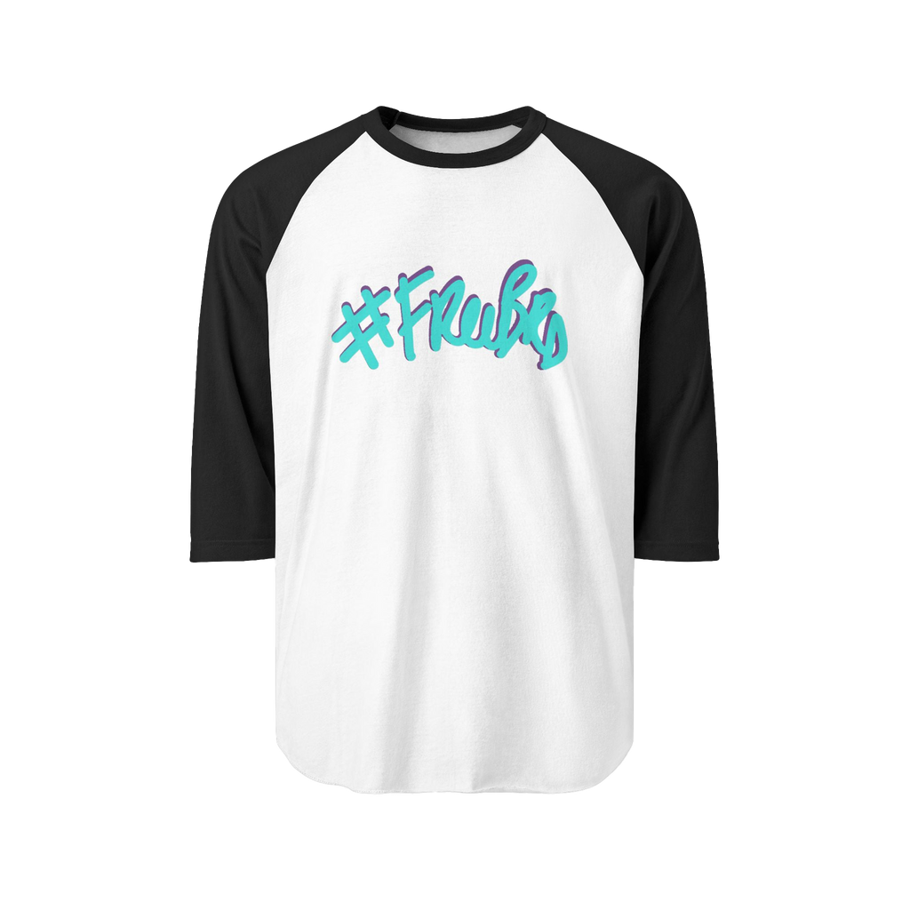 100% ring-spun cotton Raglan Shirt with white torso and black sleeves and hashtag Freebrd in teal text with a purple shadow 