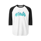 100% ring-spun cotton Raglan Shirt with white torso and black sleeves and hashtag Freebrd in teal text with a purple shadow 