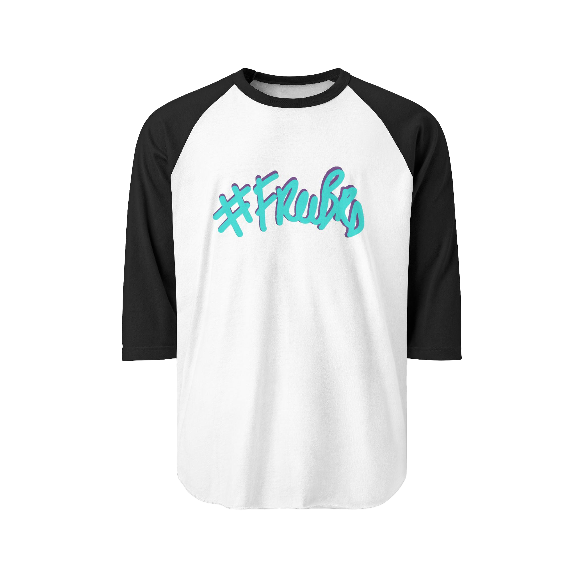 100% ring-spun cotton Raglan Shirt with white torso and black sleeves and hashtag Freebrd in teal text with a purple shadow 