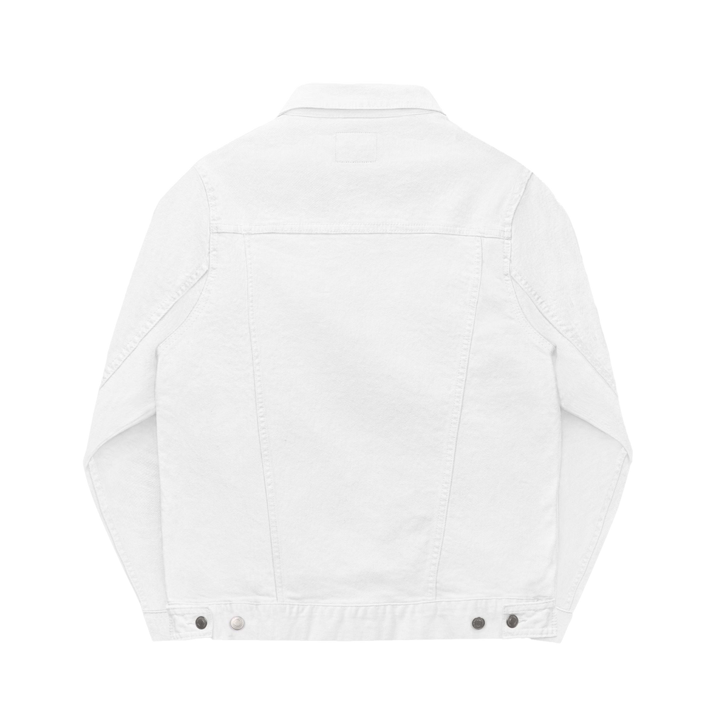 White denim Trucker Jacket Activewear, this apparel features silver waistline button closures