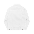 White denim Trucker Jacket Activewear, this apparel features silver waistline button closures