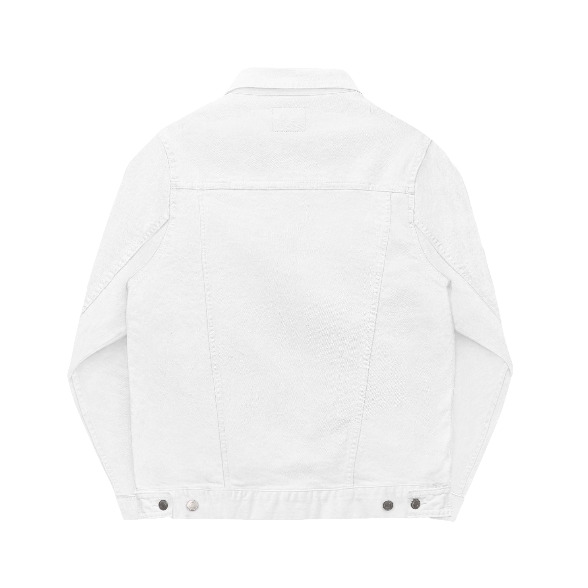 White denim Trucker Jacket Activewear, this apparel features silver waistline button closures