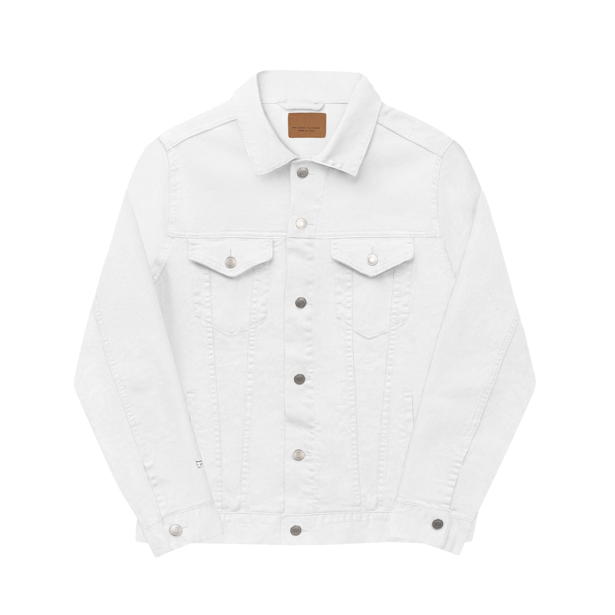 White denim Trucker Jacket Activewear, this piece features the signature Freebrd embroidered logo, small on right sleeve and functional chest pockets