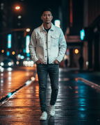 Man in a white denim Freebrd embroidered jacket walking on a street at night.