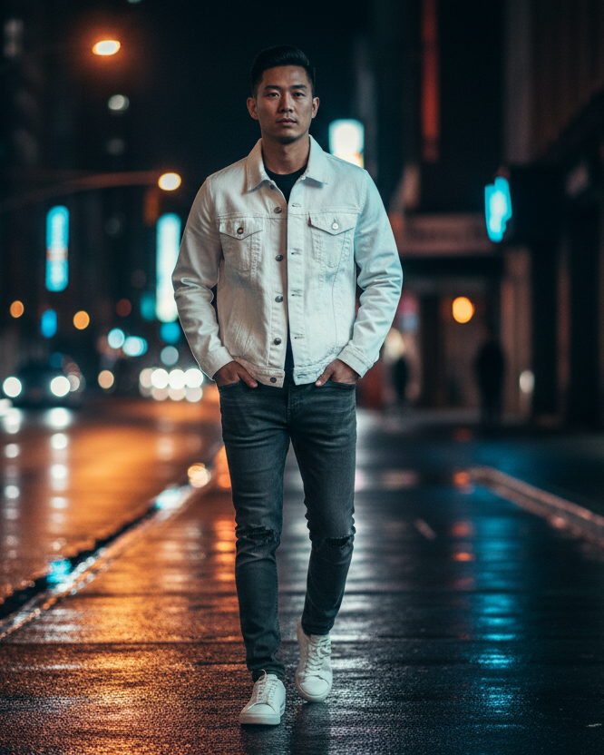 Man in a white denim Freebrd embroidered jacket walking on a street at night.