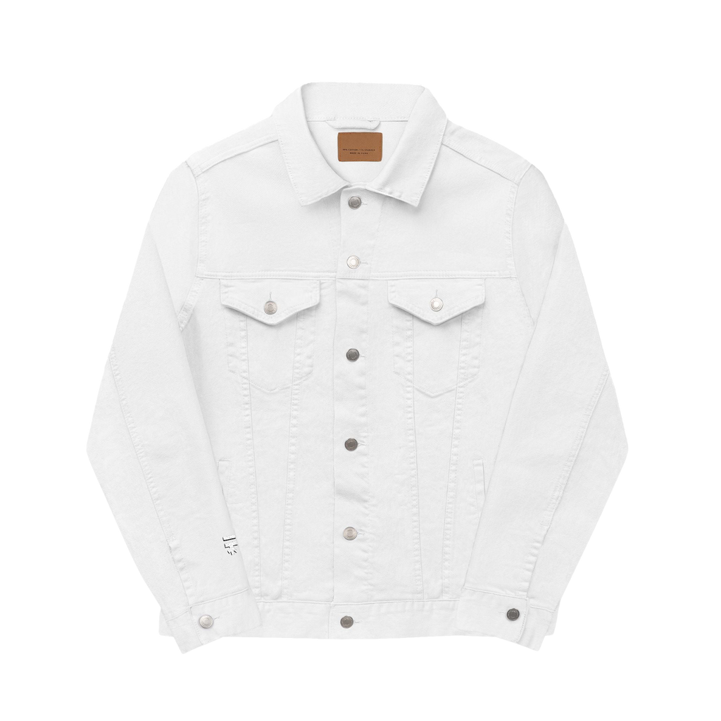  White Denim Trucker Jacket Dual chest pockets white embroidered Freebrd Logo on right sleeve