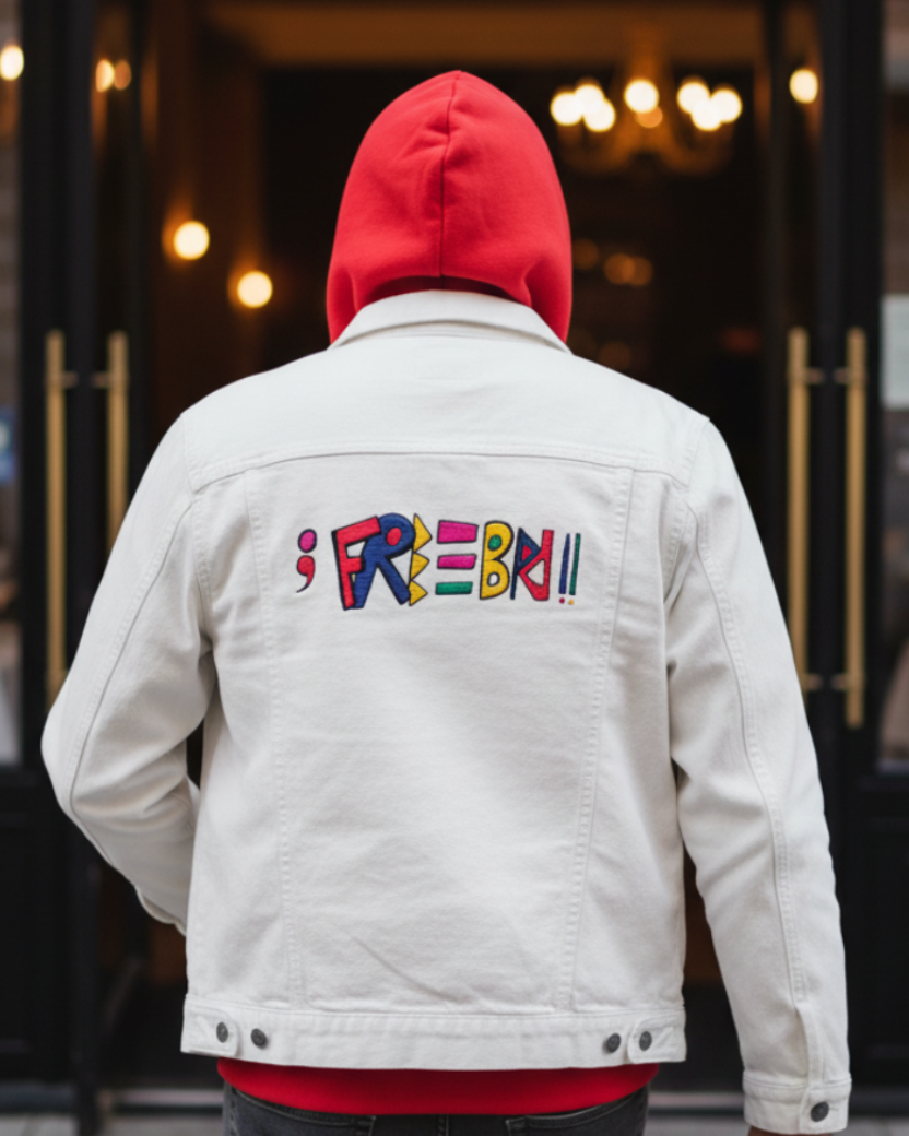 Person wearing a white demin jacket with Freebrd embroidered text on the back, walking into a building entrance.