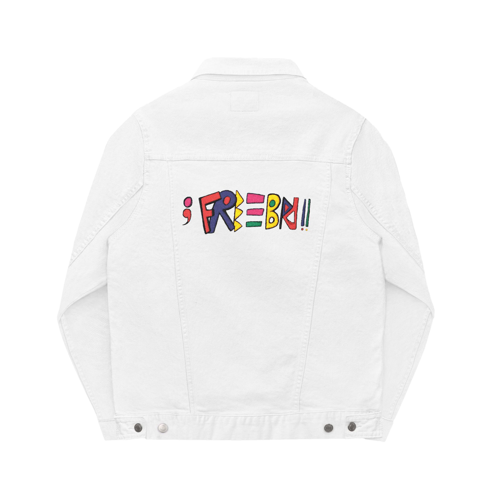 Freebrd Retro Logo Embroidered on Back of White Denim Trucker Jacket 
 