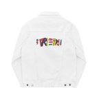 Freebrd Retro Logo Embroidered on Back of White Denim Trucker Jacket 
 