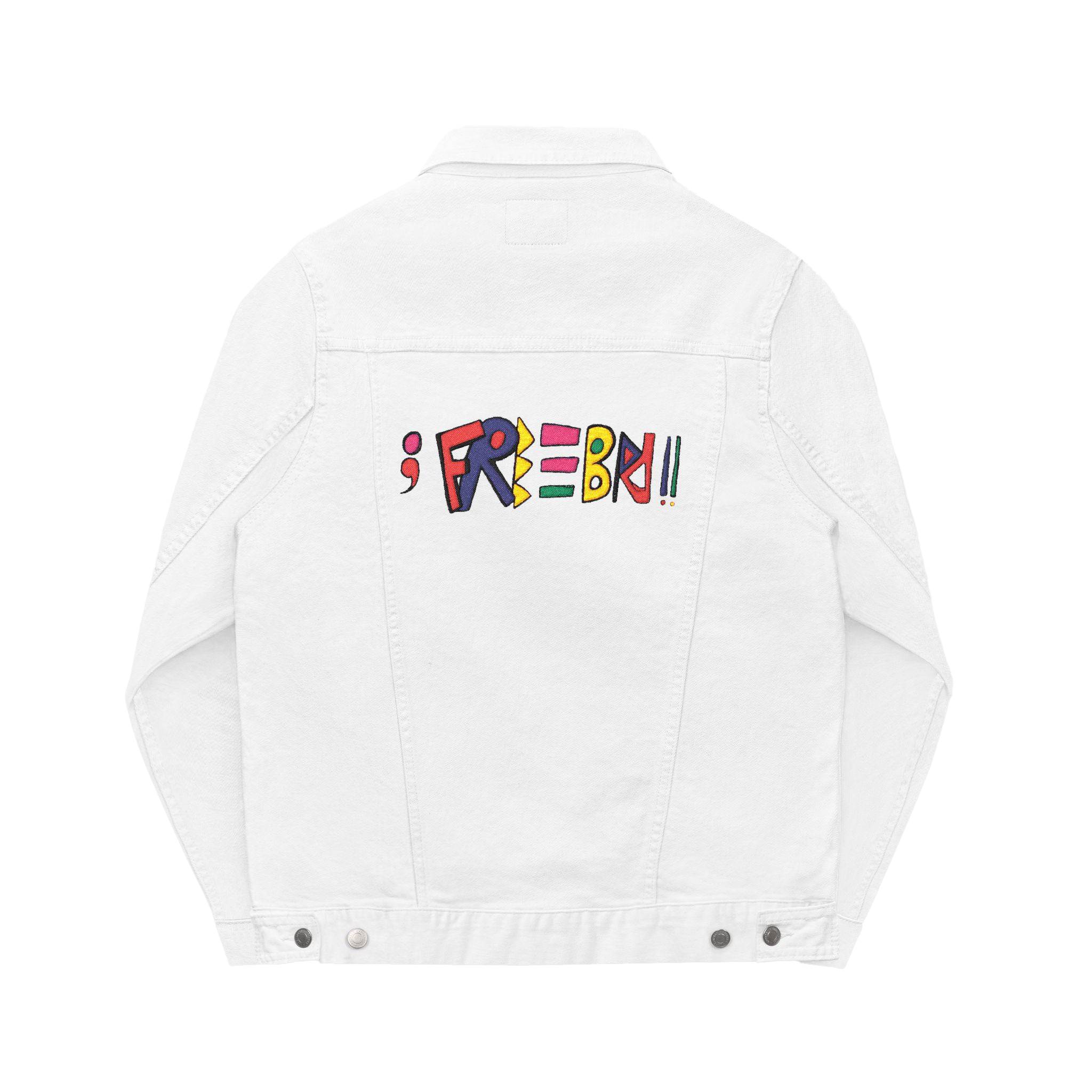 Freebrd Retro Logo Embroidered on Back of White Denim Trucker Jacket 
 