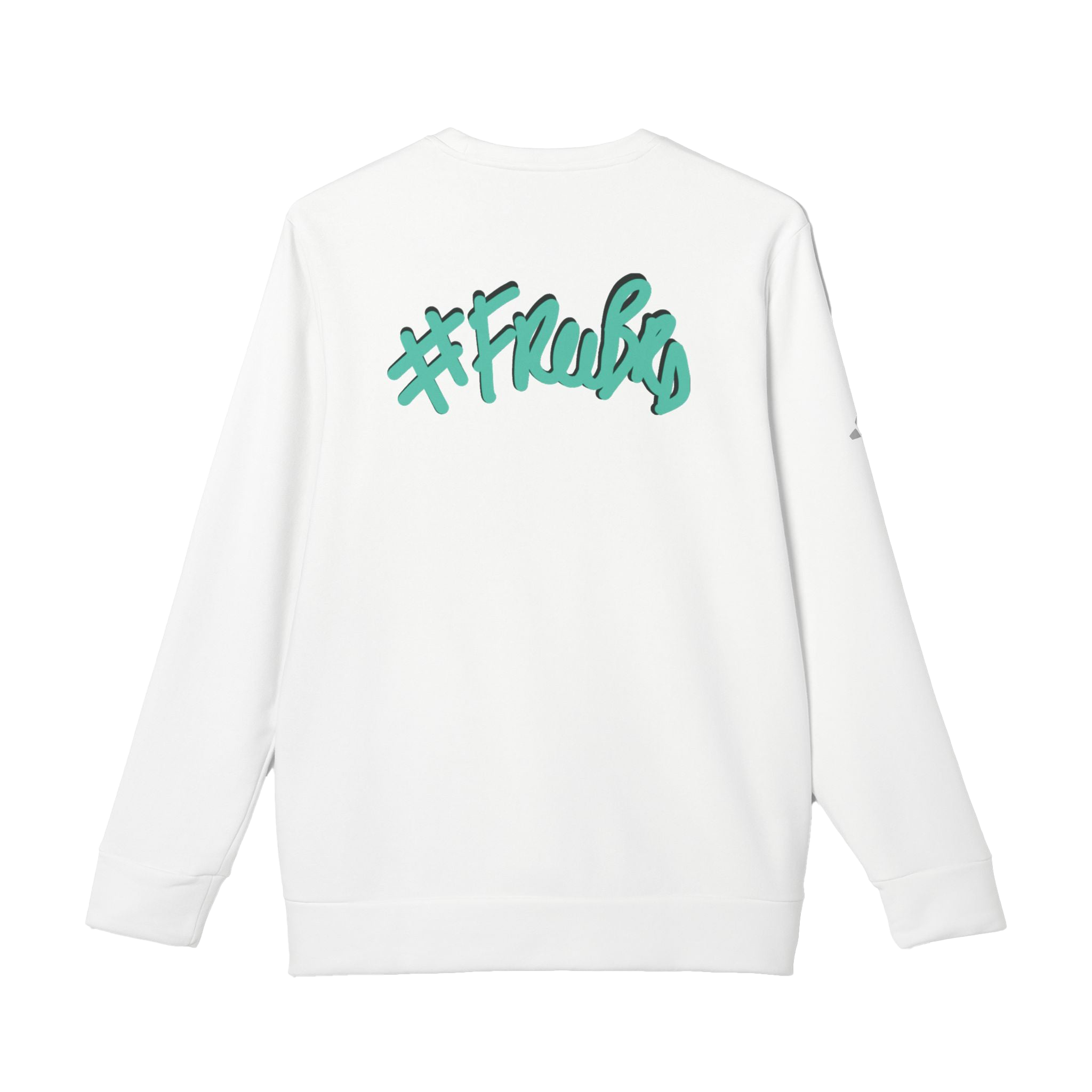 White Custom Adidas sweatshirt with a Teal "#Freebrd" black shadowed text centered top on back of sweatshirt with white Adidas logo on right sleeve
