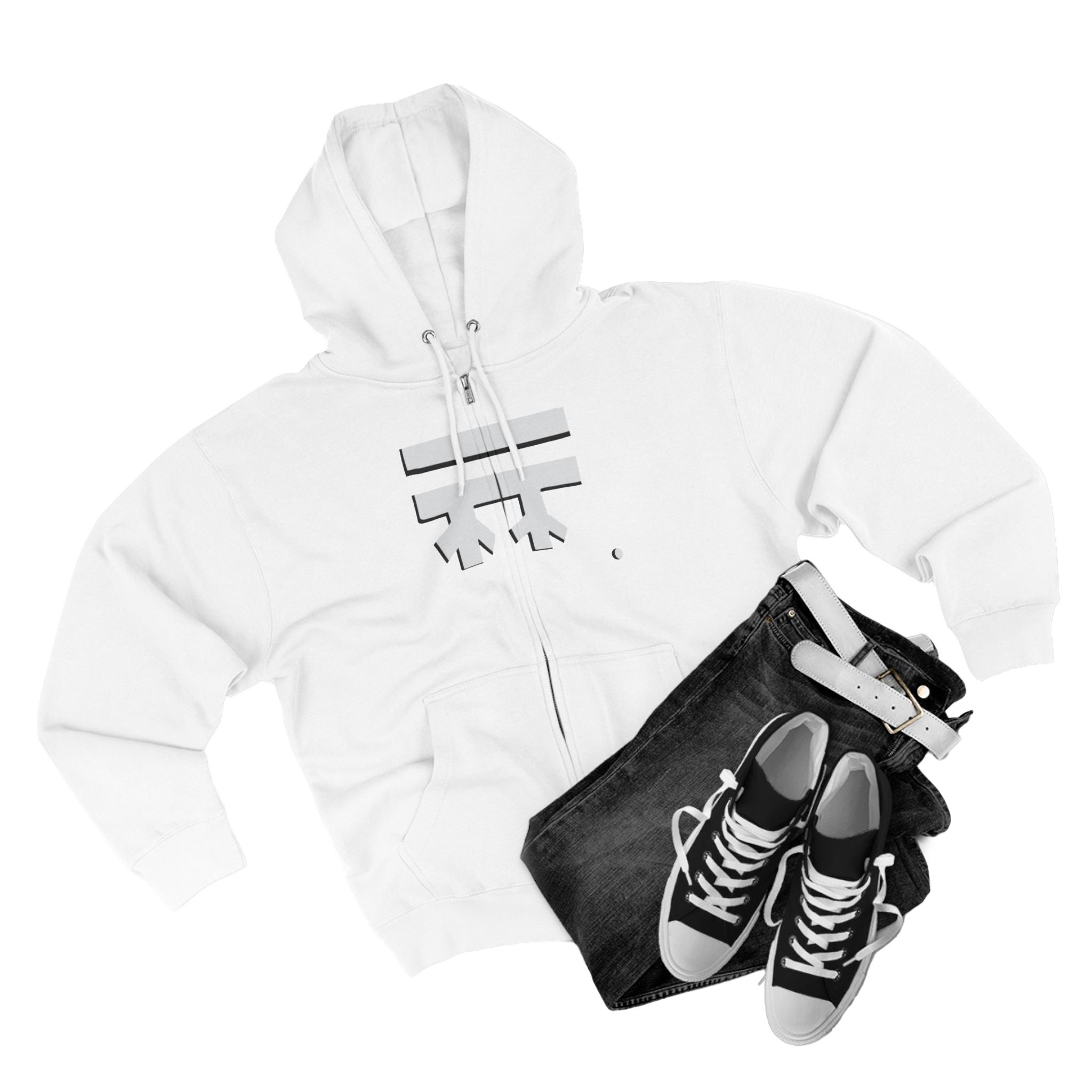 White Full-Zip Casual Street wear Hoodie with white Freebrd black shadow Logo including adjustable drawstring hood and kangaroo pocket. Merch does not include pants and shoes seen in photo

