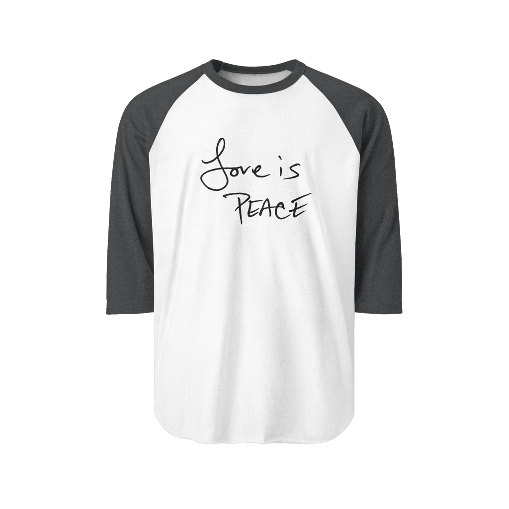 White/Heather Charcoal Unisex three-quarter Sleeve Baseball Raglan Tee with heather charcoal Sleeves on white Shirt
and "Love is Peace" in black text
