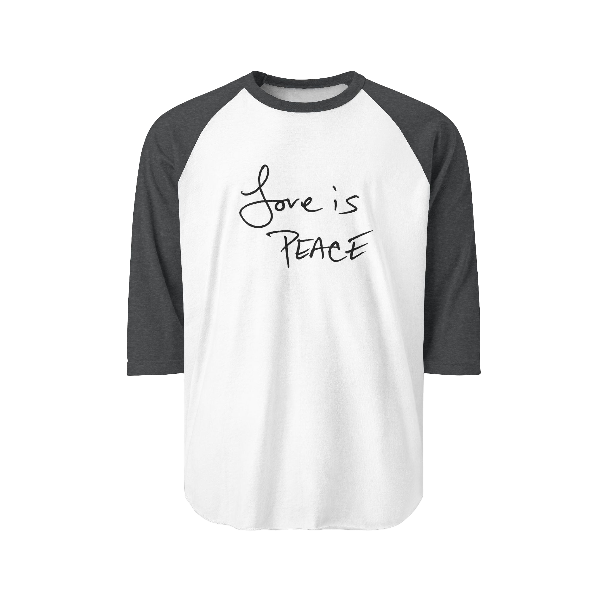 White/Heather Charcoal Unisex three-quarter Sleeve Baseball Raglan Tee with heather charcoal Sleeves on white Shirt
and "Love is Peace" in black text
