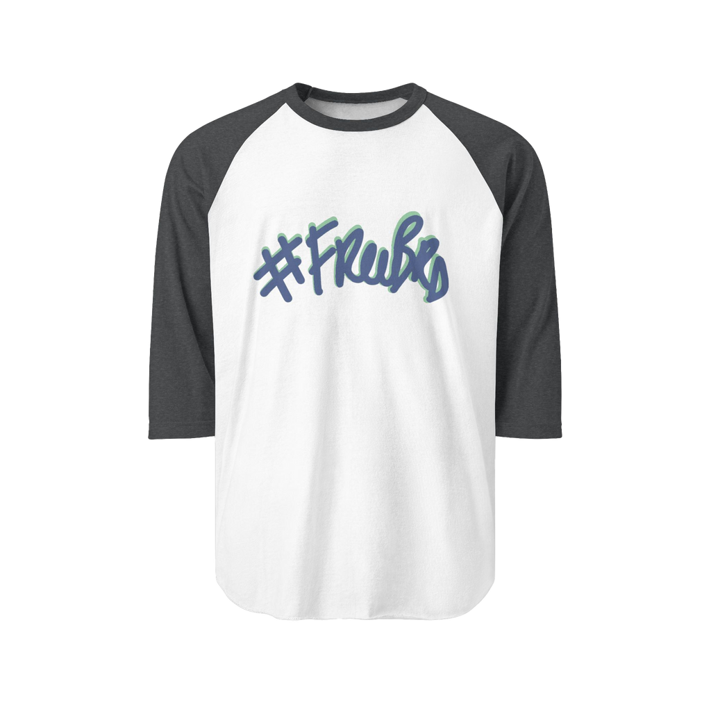 100% ring-spun cotton Raglan Shirt with white torso and heather charcoal sleeves and hashtag Freebrd in navy text with a teal shadow 