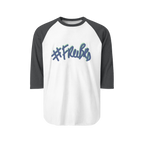 100% ring-spun cotton Raglan Shirt with white torso and heather charcoal sleeves and hashtag Freebrd in navy text with a teal shadow 