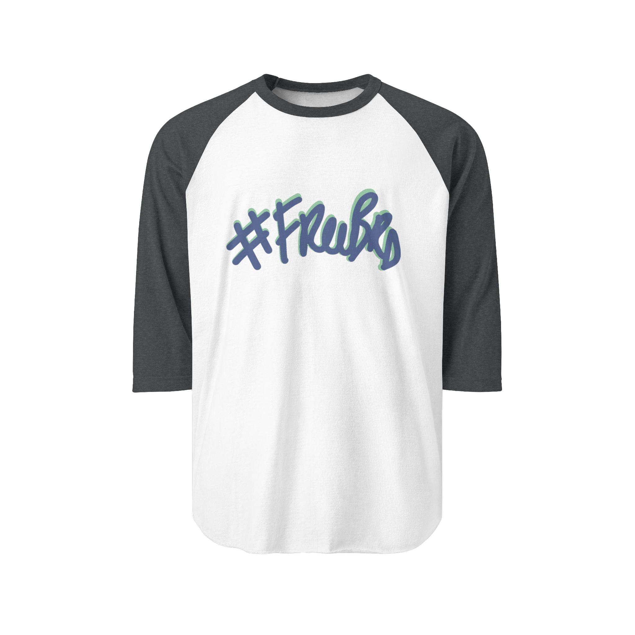 100% ring-spun cotton Raglan Shirt with white torso and heather charcoal sleeves and hashtag Freebrd in navy text with a teal shadow 