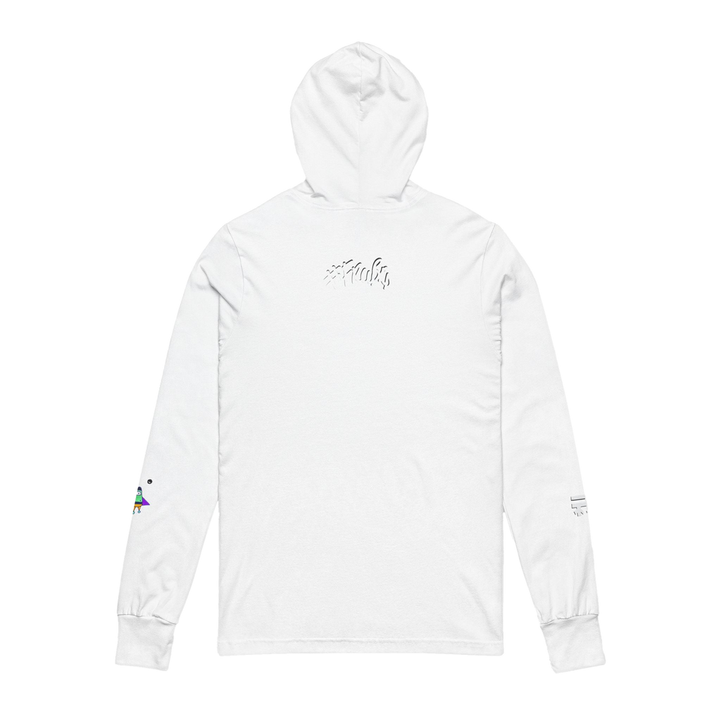 White Hooded Active Street wear with Freebrd "space flight" graphic on left sleeve, and white Freebrd logo on right sleeve along with "#freebrd" in white letters center back of apparel