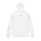 White Hooded Active Street wear with Freebrd "space flight" graphic on left sleeve, and white Freebrd logo on right sleeve along with "#freebrd" in white letters center back of apparel