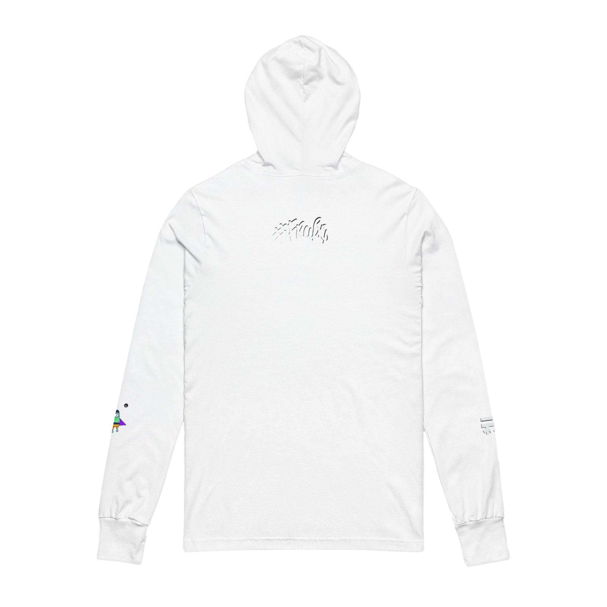 White Hooded Active Street wear with Freebrd "space flight" graphic on left sleeve, and white Freebrd logo on right sleeve along with "#freebrd" in white letters center back of apparel