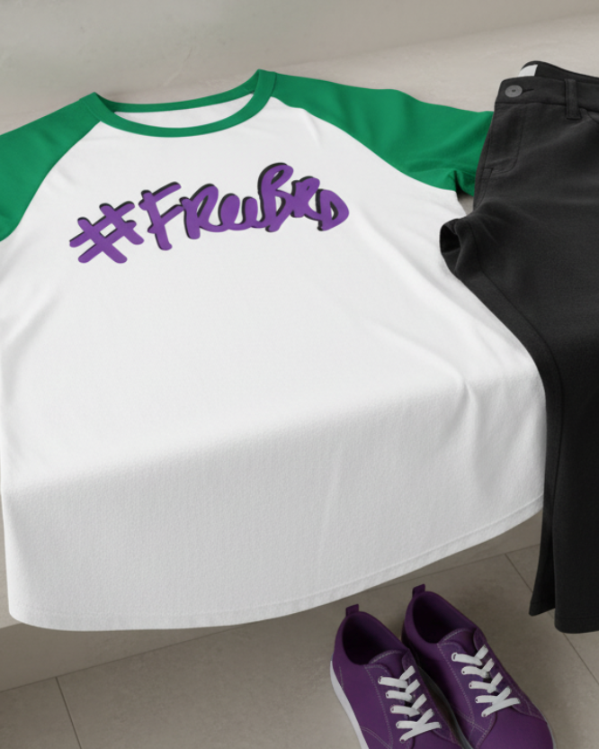 White and Kelly green Freebrd baseball shirt with '#Freebrd' text, black pants, and purple shoes  
