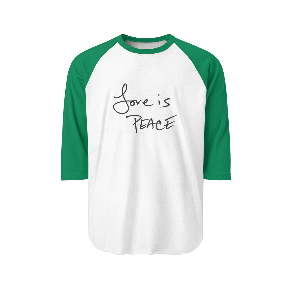 White/Kelly Unisex three-quarter Sleeve Baseball Raglan Tee with Kelly Green Sleeves on white Shirt and "Love is Peace" in black text 
