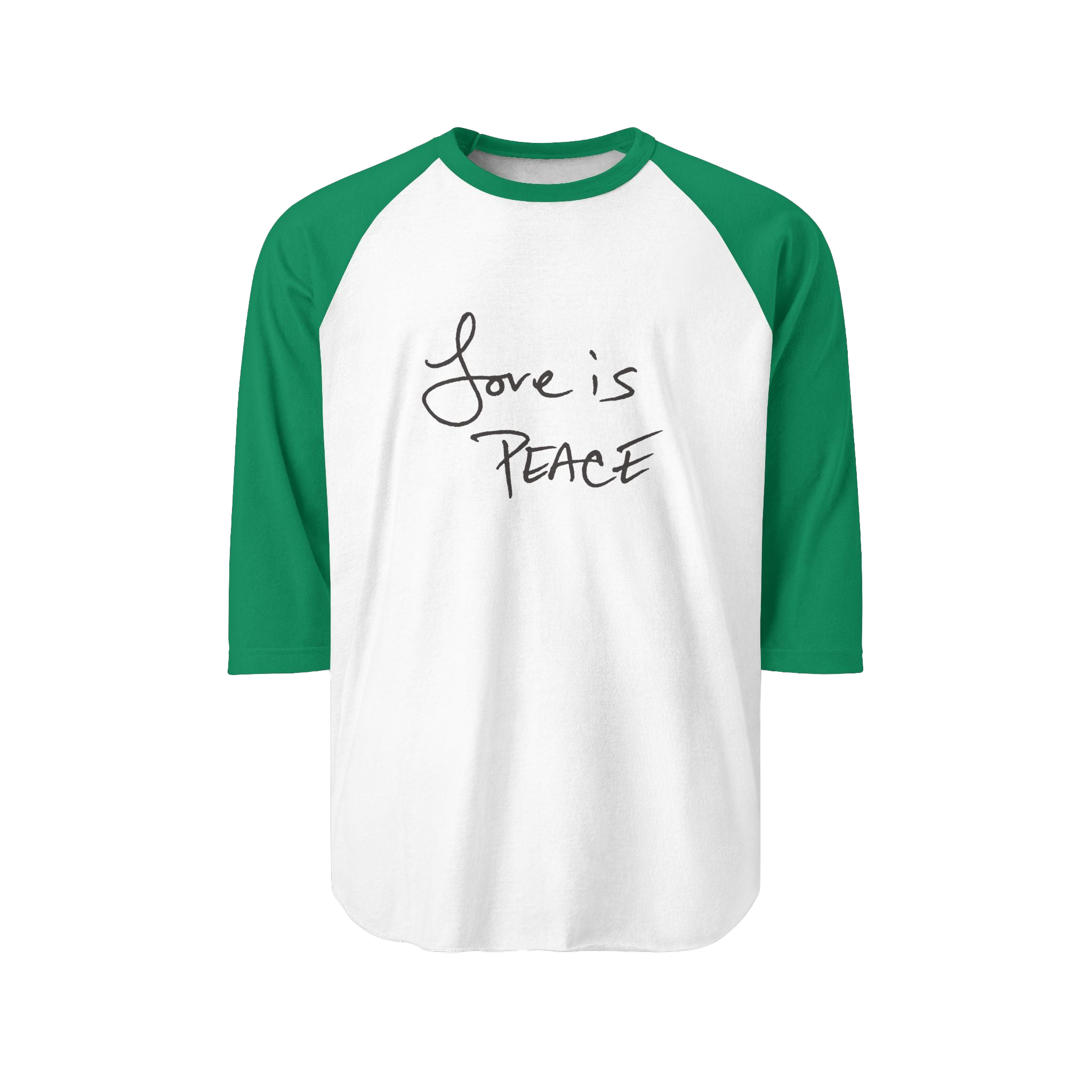 White/Kelly Unisex three-quarter Sleeve Baseball Raglan Tee with Kelly Green Sleeves on white Shirt and "Love is Peace" in black text 
