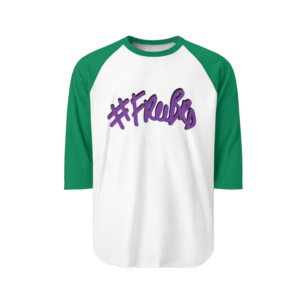 100% ring-spun cotton Raglan Shirt with 
white torso and Kelly sleeves and hashtag Freebrd in purple text with a black shadow 

