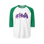 100% ring-spun cotton Raglan Shirt with 
white torso and Kelly sleeves and hashtag Freebrd in purple text with a black shadow 
