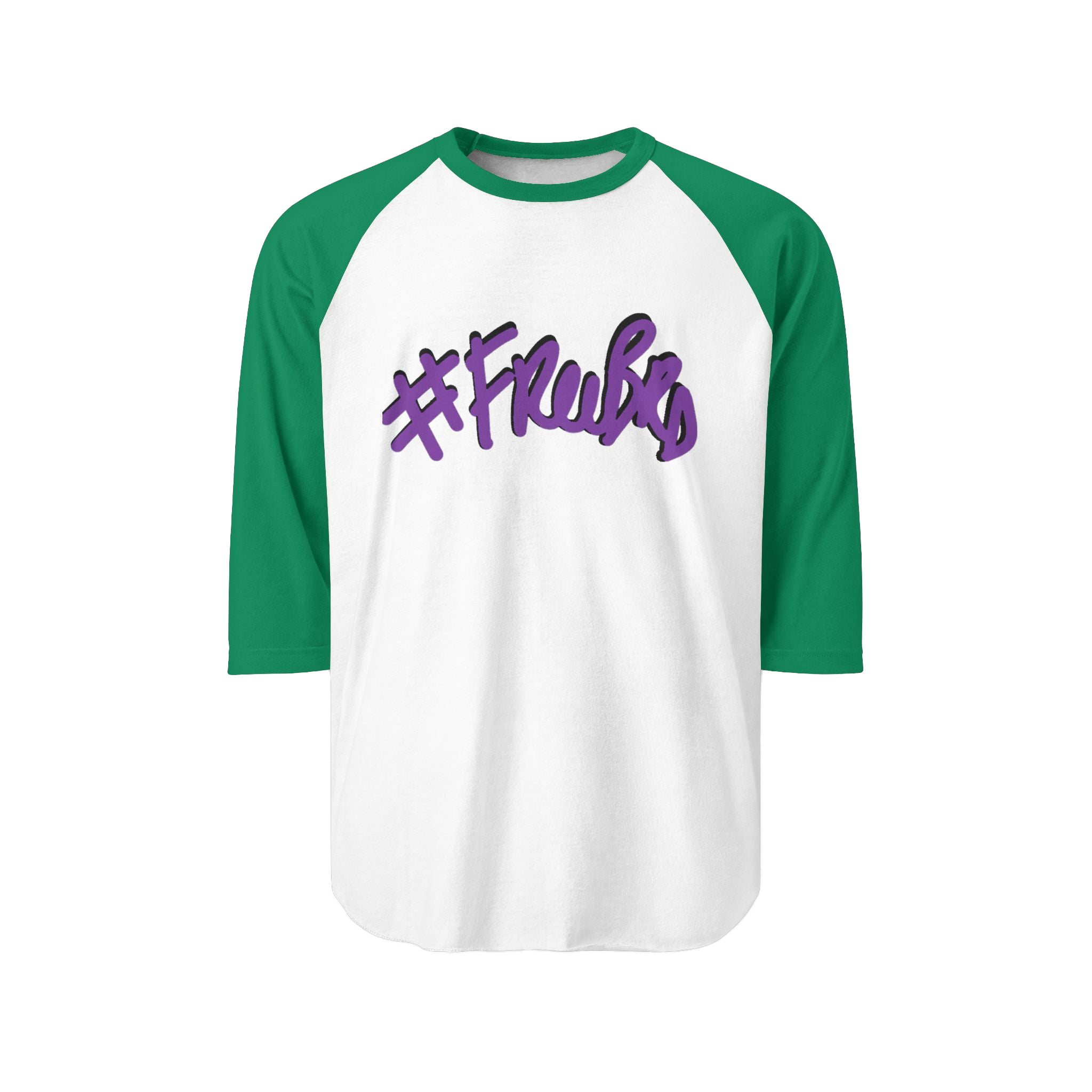 100% ring-spun cotton Raglan Shirt with 
white torso and Kelly sleeves and hashtag Freebrd in purple text with a black shadow 
