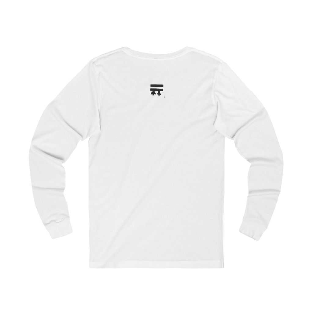 Back view of white long-sleeve shirt with black Freebrd logo top center on a Bella Canvas Unisex Jersey Long Sleeve Tee