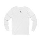 Back view of white long-sleeve shirt with black Freebrd logo top center on a Bella Canvas Unisex Jersey Long Sleeve Tee