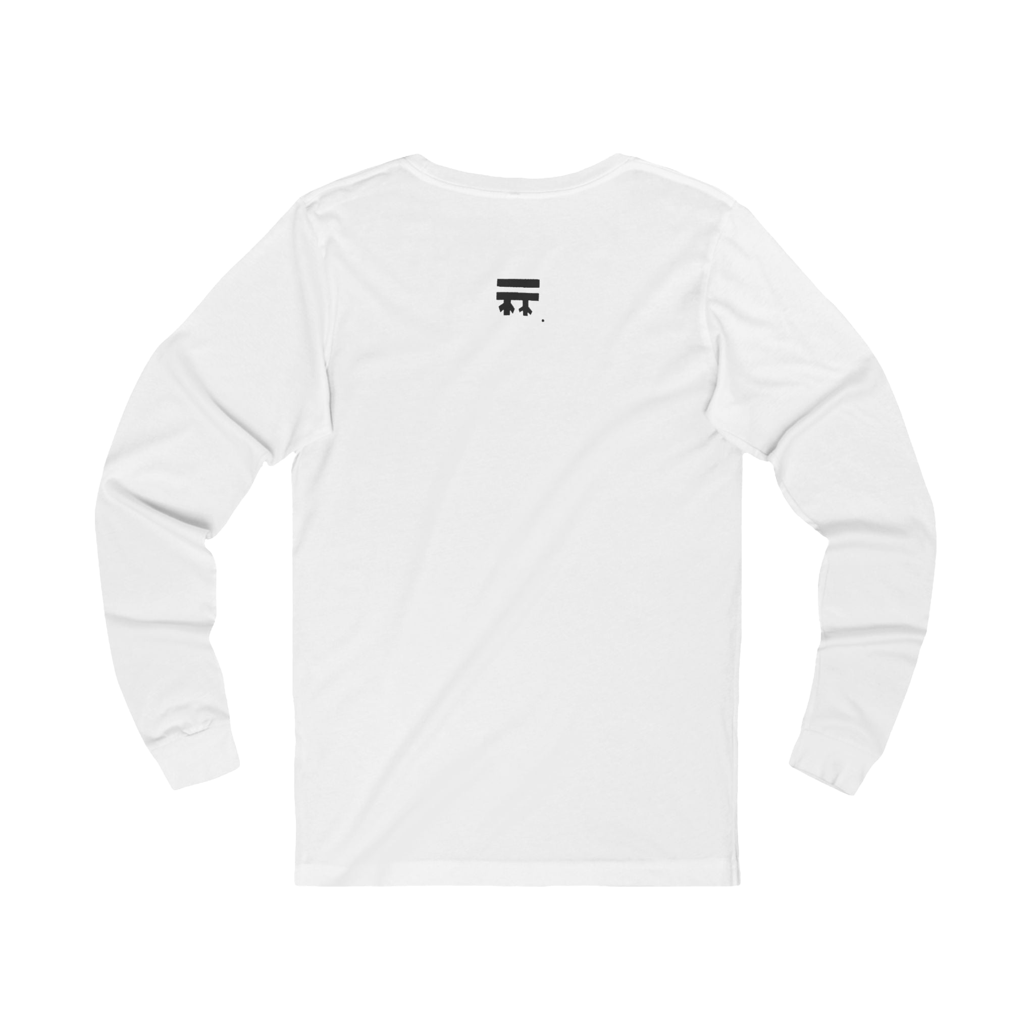 Back view of white long-sleeve shirt with black Freebrd logo top center on a Bella Canvas Unisex Jersey Long Sleeve Tee