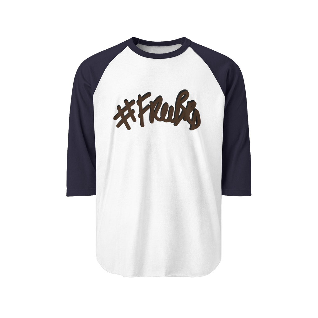 100% ring-spun cotton Raglan Shirt with white torso and navy sleeves and hashtag Freebrd in brown text with a black shadow 
