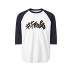 100% ring-spun cotton Raglan Shirt with white torso and navy sleeves and hashtag Freebrd in brown text with a black shadow 
