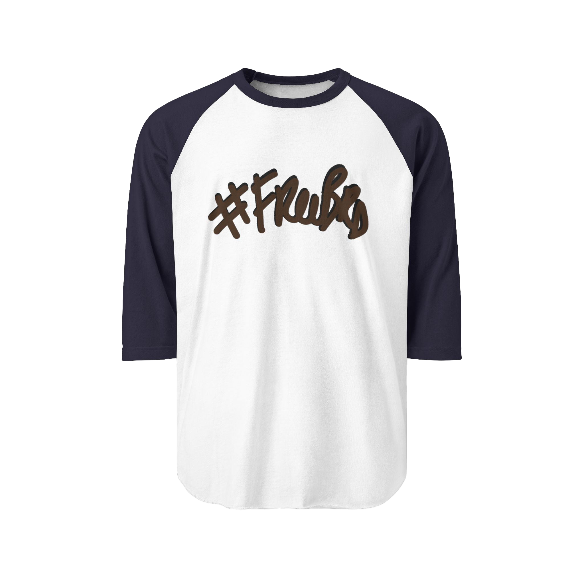 100% ring-spun cotton Raglan Shirt with white torso and navy sleeves and hashtag Freebrd in brown text with a black shadow 
