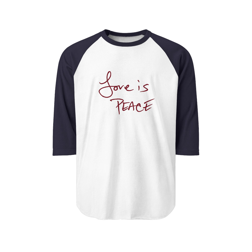 White/navy Unisex three-quarter Sleeve Baseball Raglan Tee with navy sleeves on white Shirt and "Love is Peace" in red text 
 
