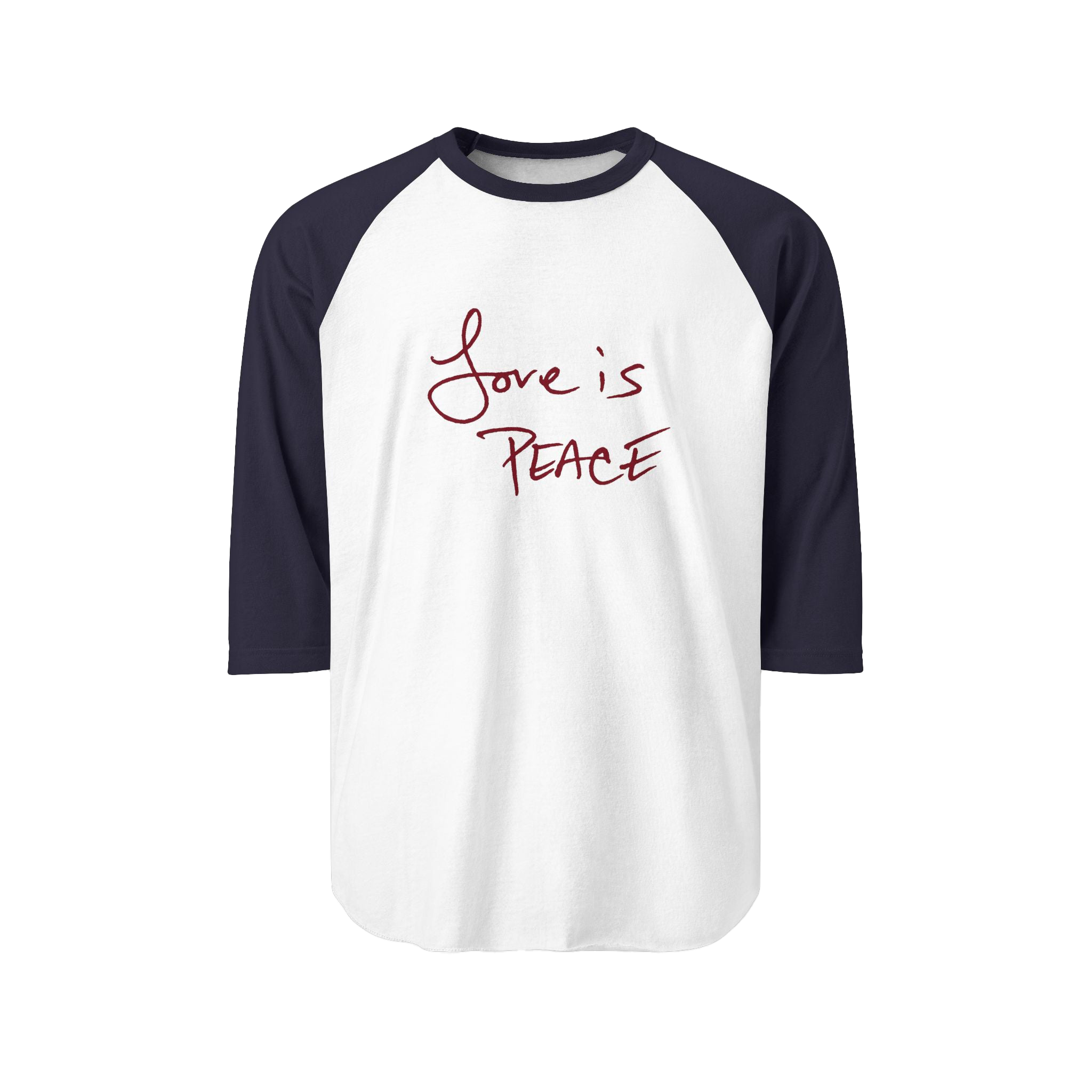 White/navy Unisex three-quarter Sleeve Baseball Raglan Tee with navy sleeves on white Shirt and "Love is Peace" in red text 
 