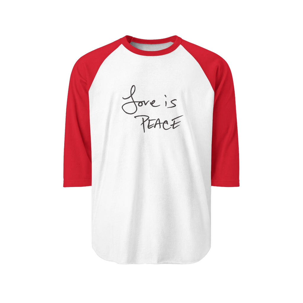White/Red Blue Unisex three-quarter Sleeve Baseball Raglan Tee with red sleeves on a white shirt and "Love is Peace" in black text 

