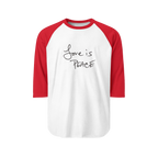 White/Red Blue Unisex three-quarter Sleeve Baseball Raglan Tee with red sleeves on a white shirt and "Love is Peace" in black text 


