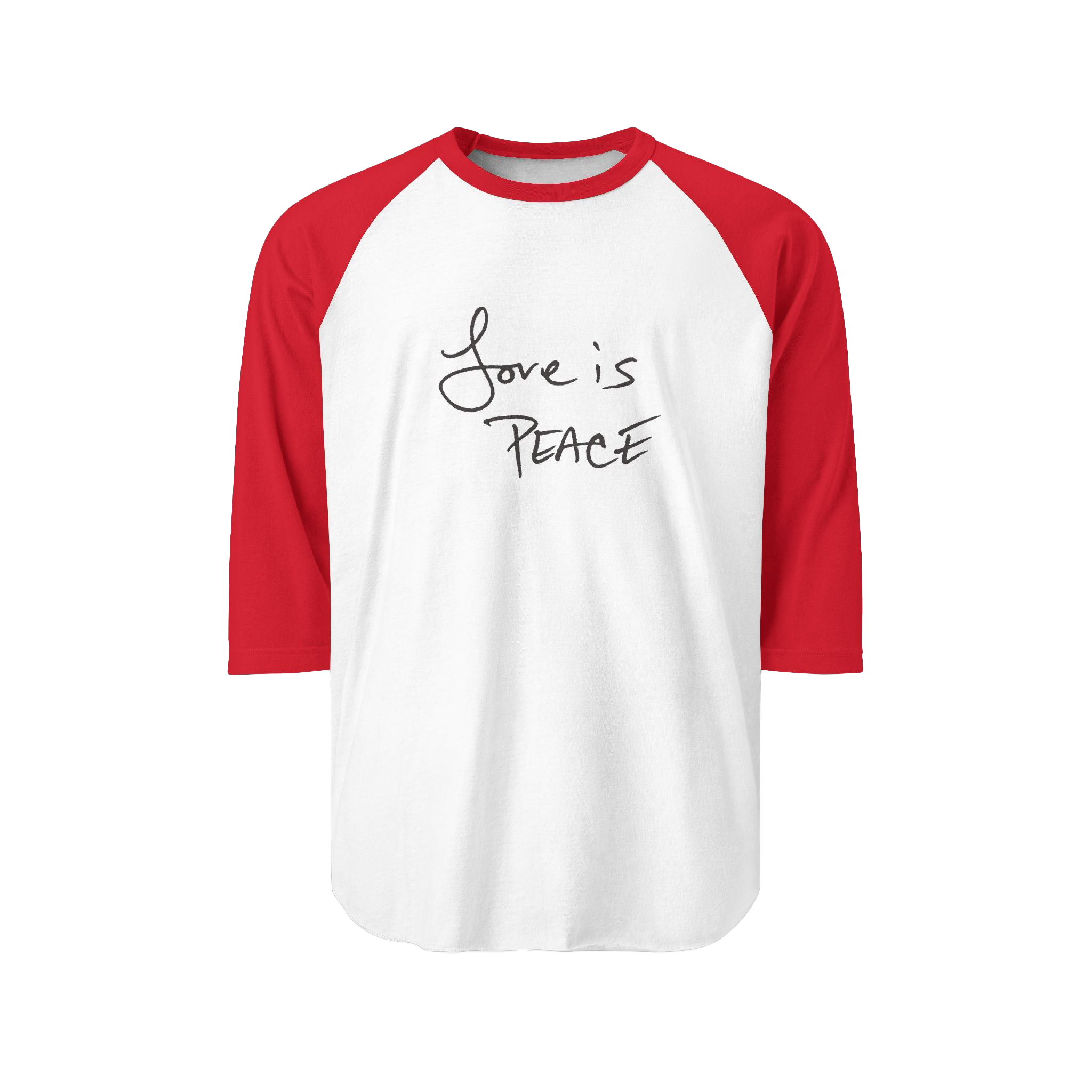 White/Red Blue Unisex three-quarter Sleeve Baseball Raglan Tee with red sleeves on a white shirt and "Love is Peace" in black text 

