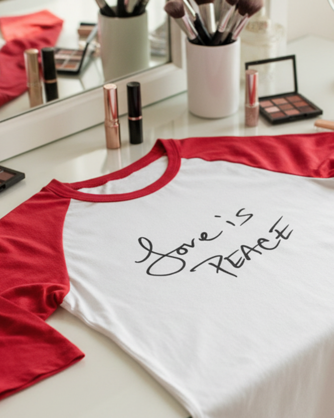 White Freebrd raglan t-shirt with red sleeves and 'Love is Peace' text on a vanity table with makeup.