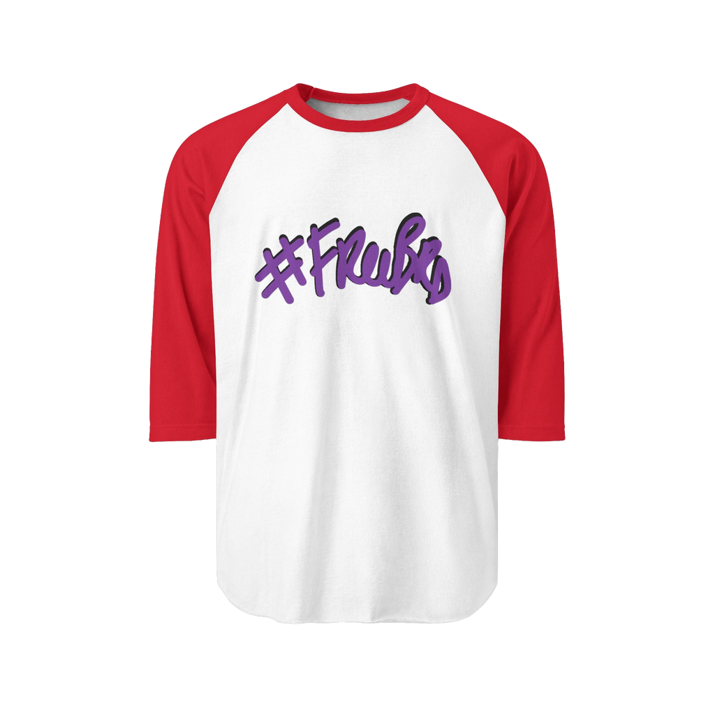 100% ring-spun cotton Raglan Shirt with white torso and red sleeves and hashtag  Freebrd in purple text with a black shadow