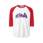 100% ring-spun cotton Raglan Shirt with white torso and red sleeves and hashtag  Freebrd in purple text with a black shadow